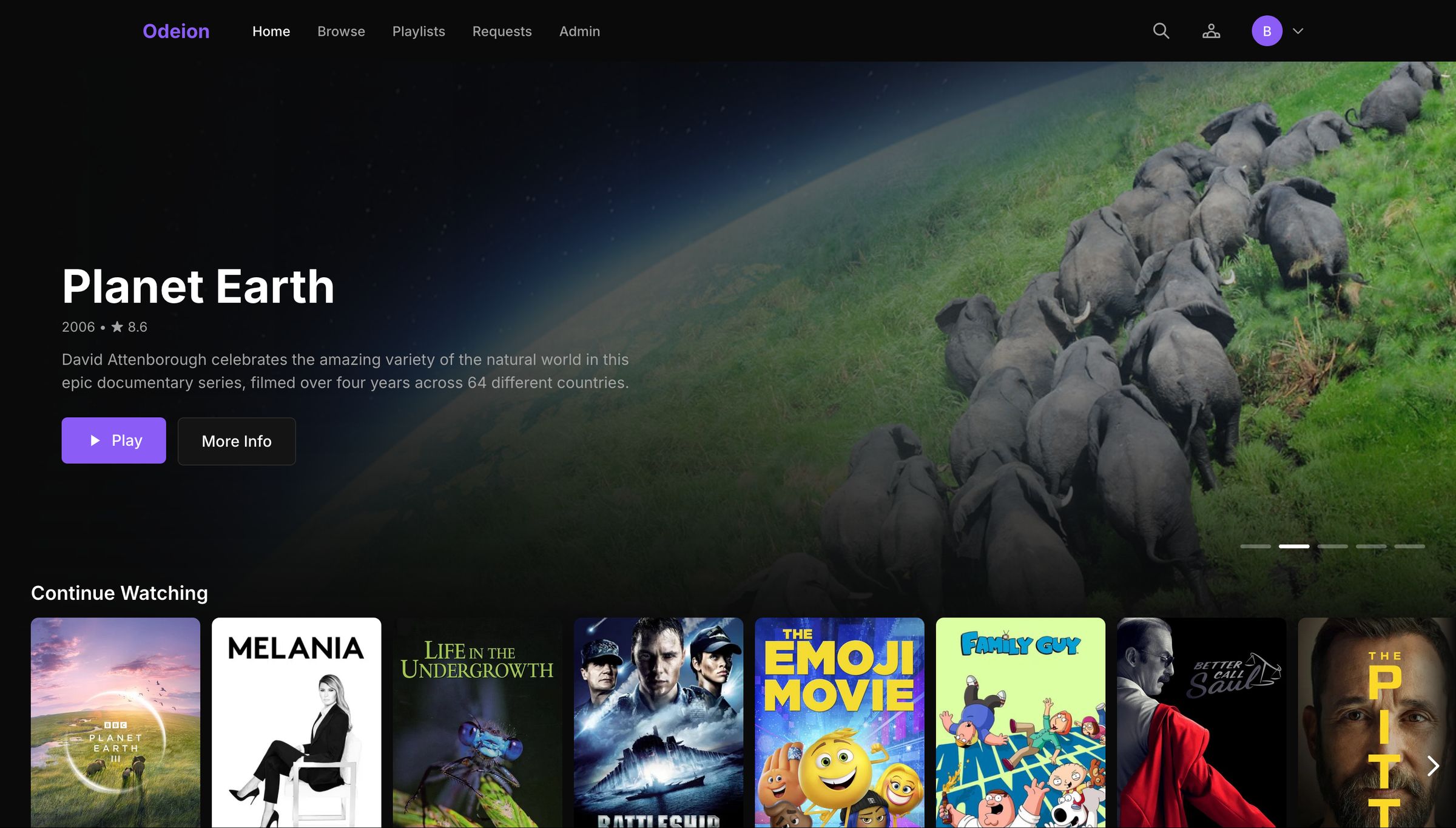 Odeion home screen with a featured title and a Continue Watching row