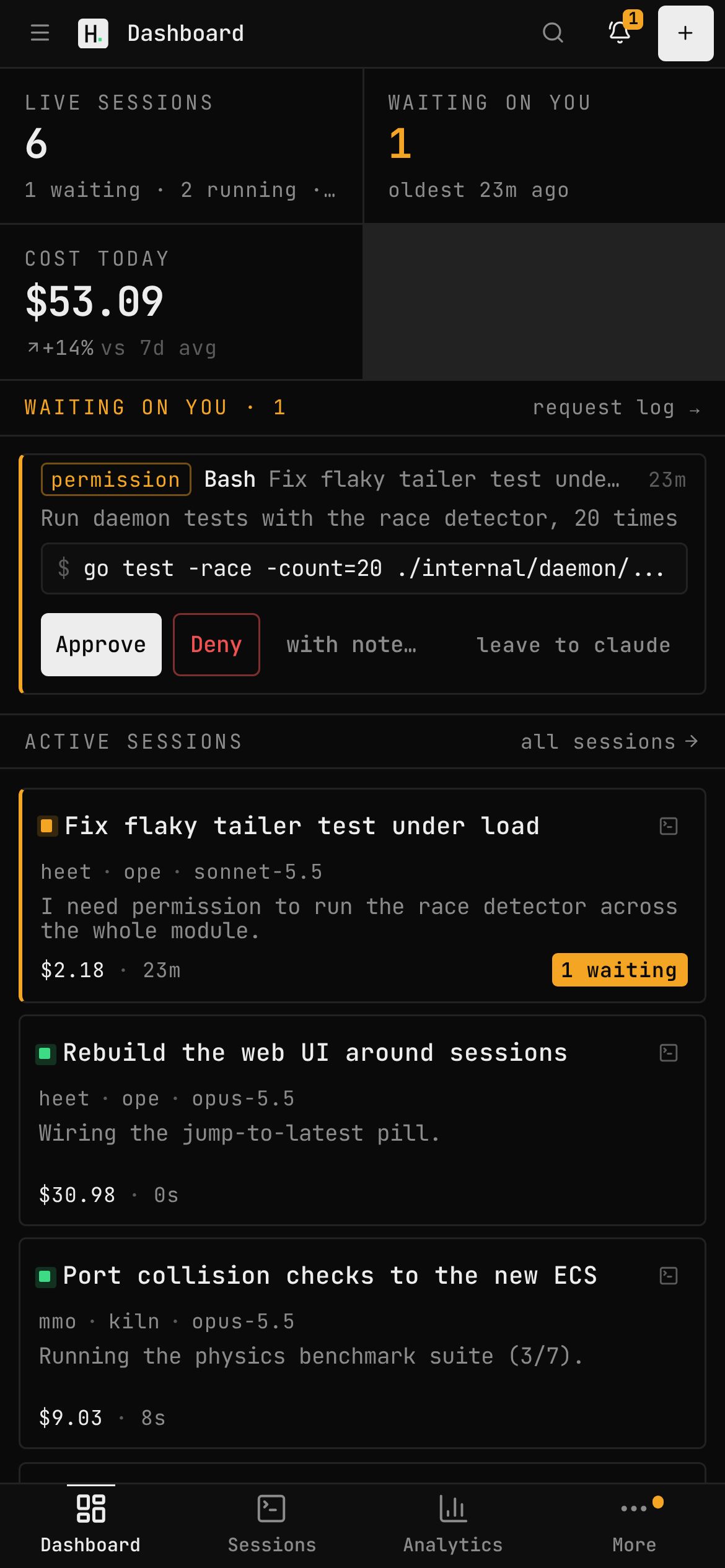 heet dashboard on a phone, with Approve and Deny on a waiting request