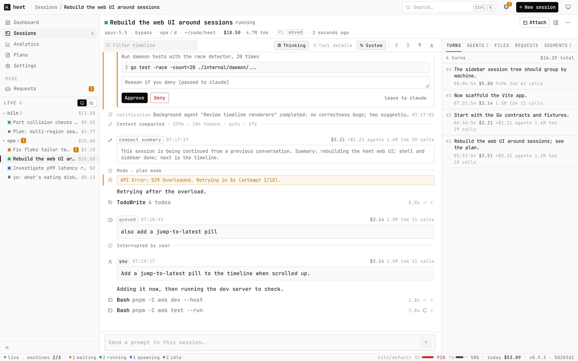 heet session timeline with a permission prompt, tool calls and turns