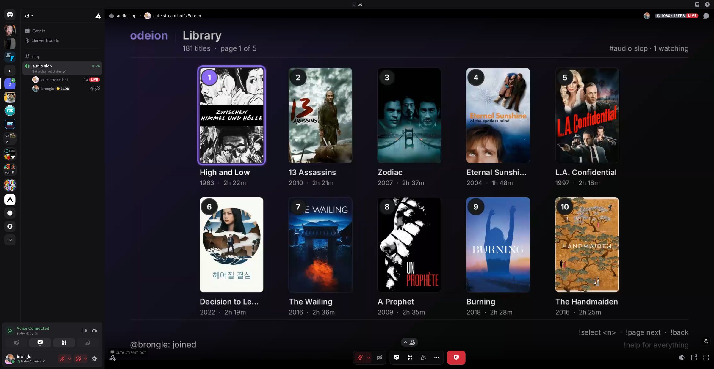 Odeion library streaming into a Discord voice channel